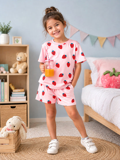 Half Sleeve T-Shirt & Shorts Set - Strawberry Print