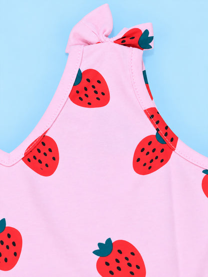 Girl Sleeveless Frock With Bow - Strawberry Print