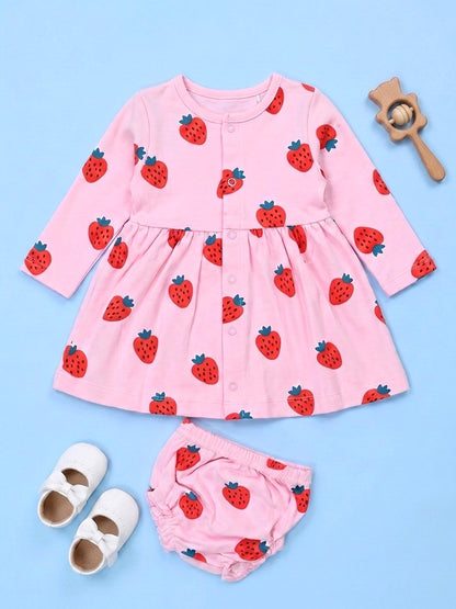 Full Sleeve Frock & Panty Set - Strawberry Print