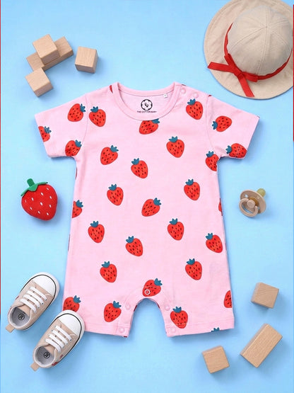 Half Sleeve Half Leg Romper - Strawberry Print