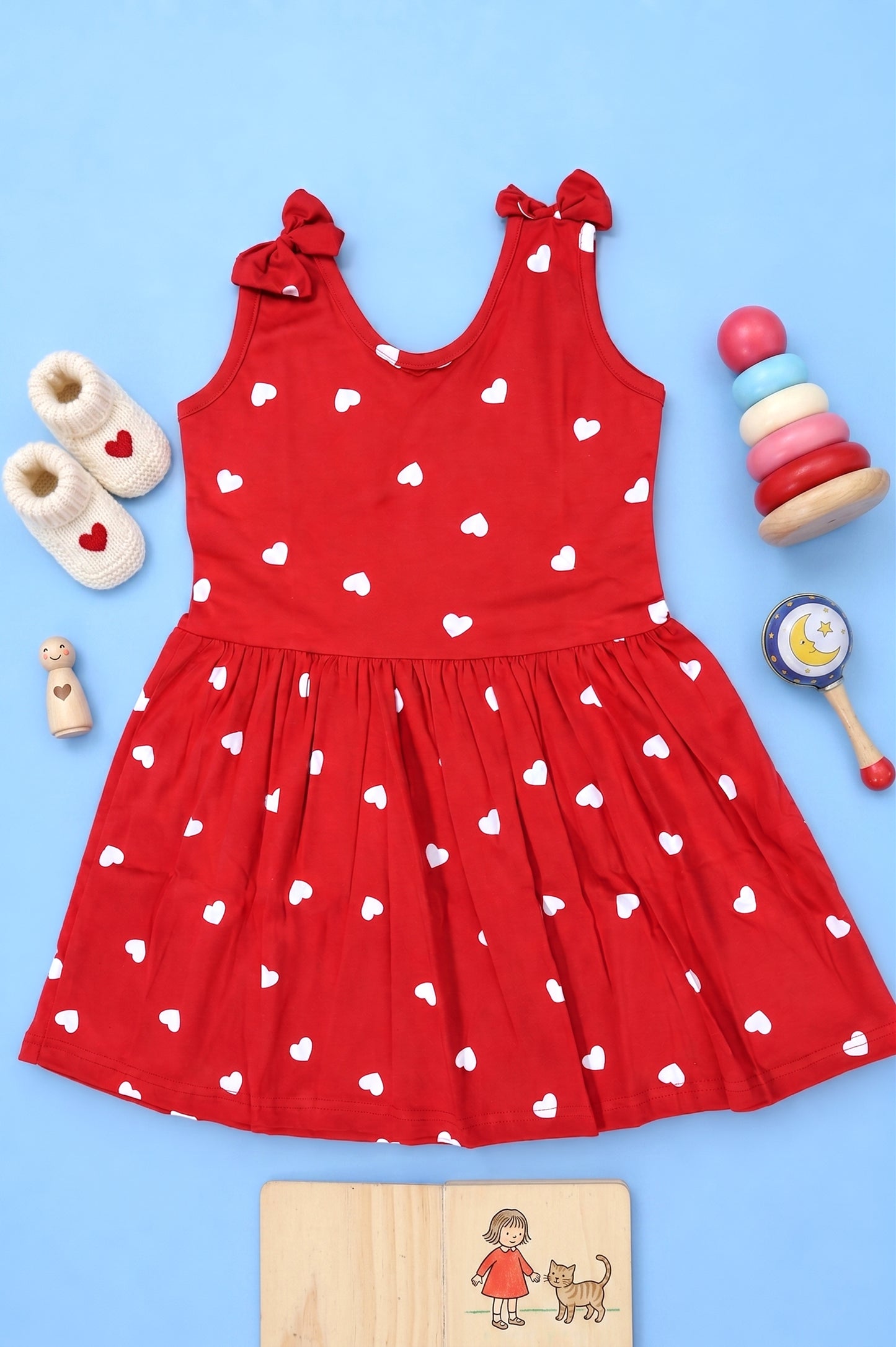 Sleeve Less Frock - Red White Heart Print