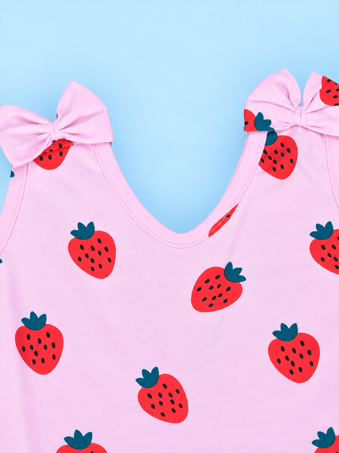 Girl Sleeveless Frock With Bow - Strawberry Print