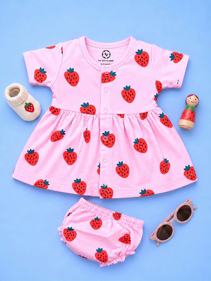 Half Sleeve Frock & Panty Set - Strawberry Print