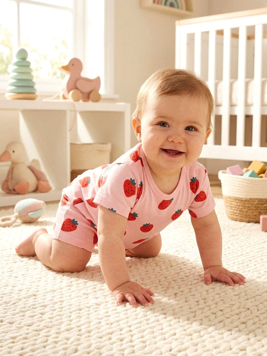 Half Sleeve Half Leg Romper - Strawberry Print