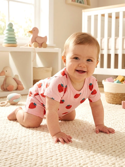Half Sleeve Half Leg Romper - Strawberry Print