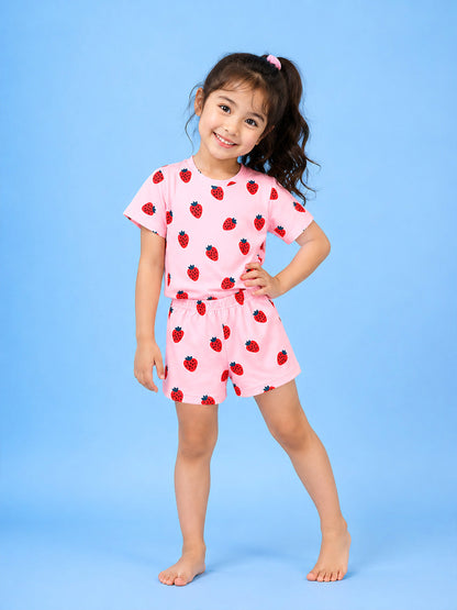 Half Sleeve T-Shirt & Shorts Set - Strawberry Print