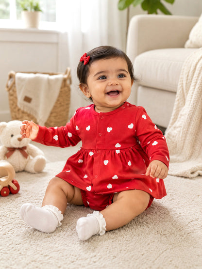 Full Sleeve Frock & Panty Set - Red White Heart Print