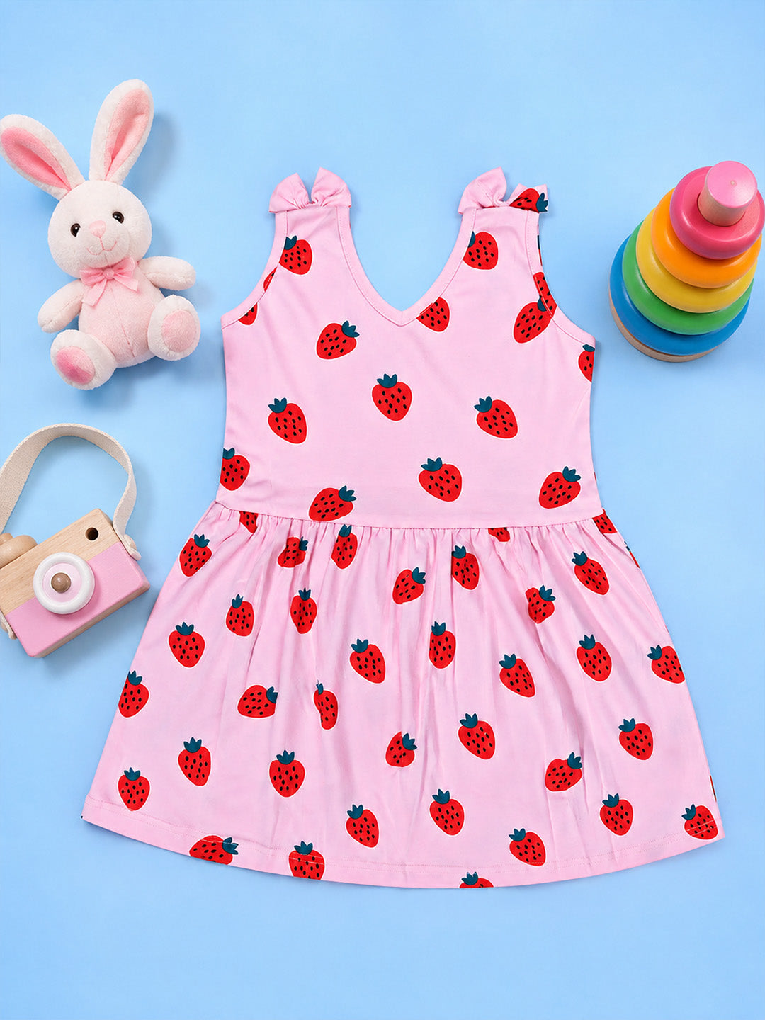 Girl Sleeveless Frock With Bow - Strawberry Print