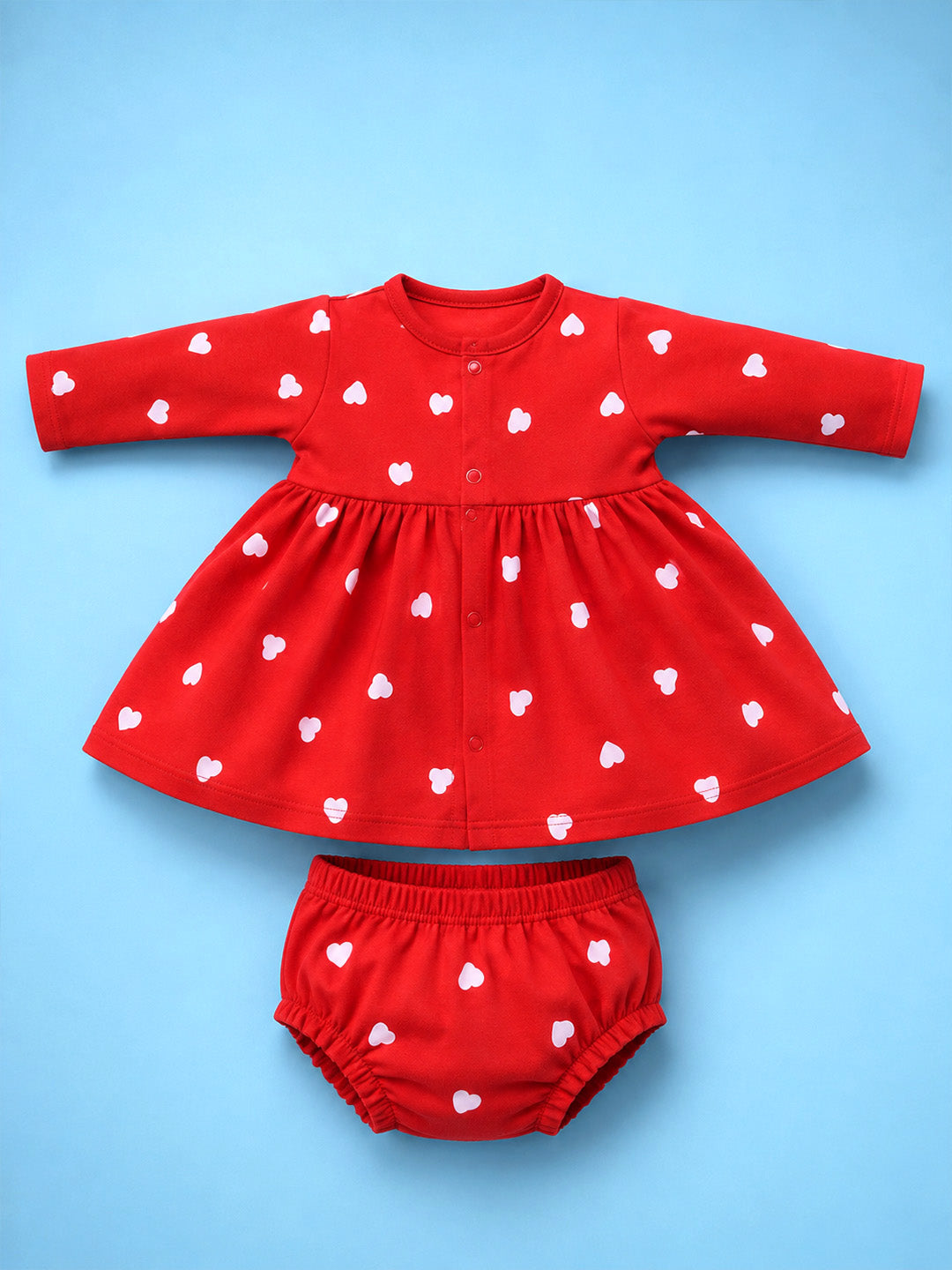 Full Sleeve Frock & Panty Set - Red White Heart Print