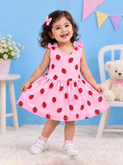 Girl Sleeveless Frock With Bow - Strawberry Print