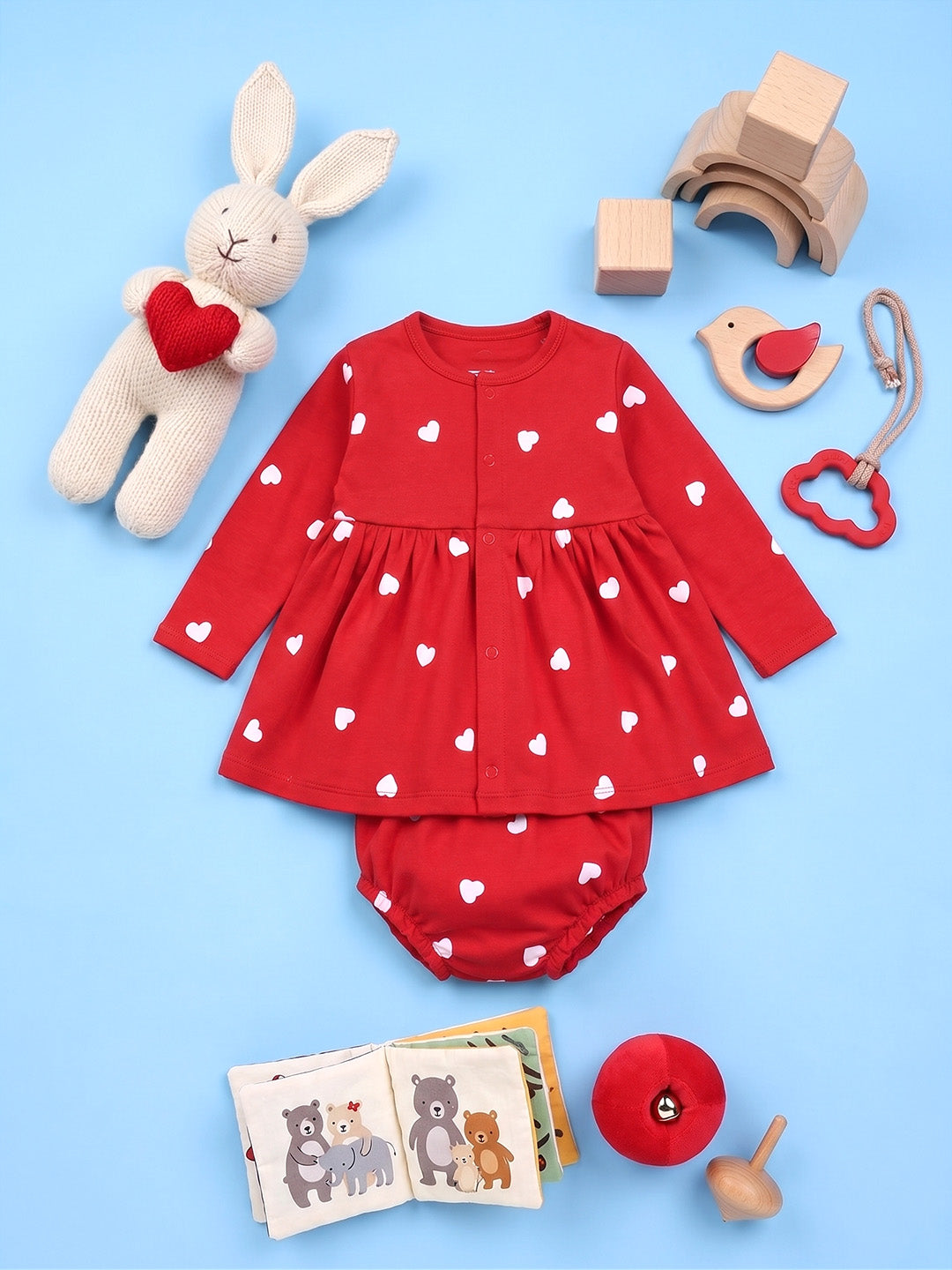 Full Sleeve Frock & Panty Set - Red White Heart Print