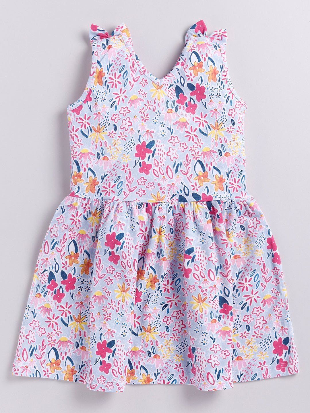 Flower Print  Sleeve less Frock with Bow