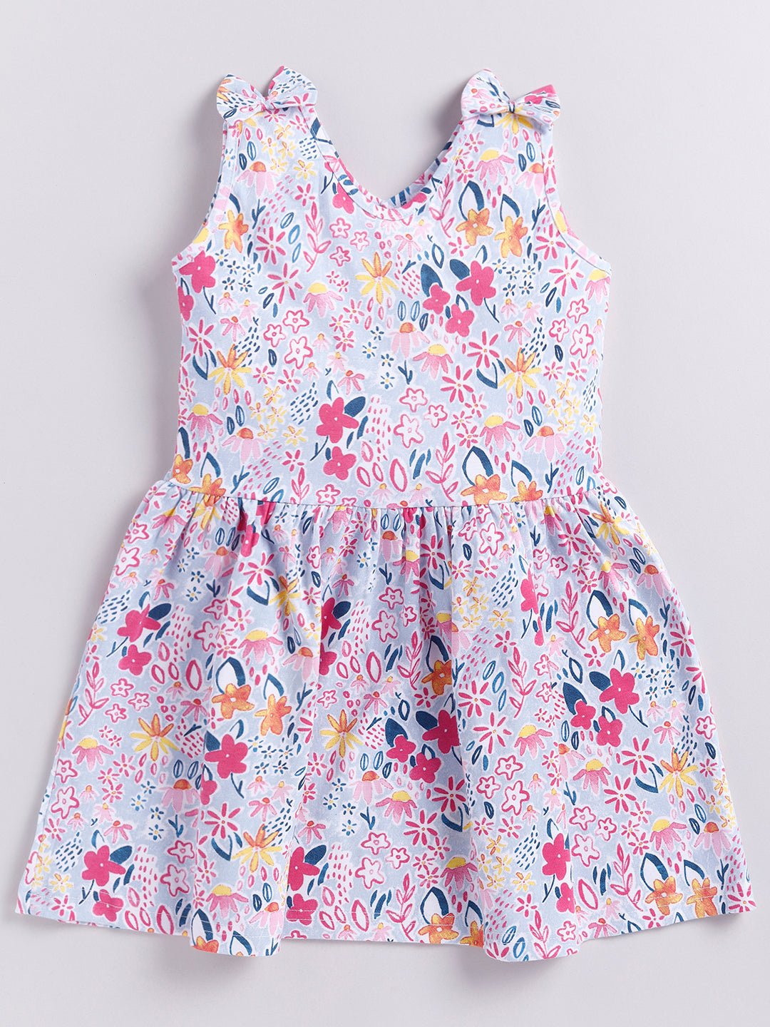 Flower Print  Sleeve less Frock with Bow