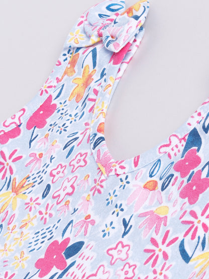 Flower Print  Sleeve less Frock with Bow
