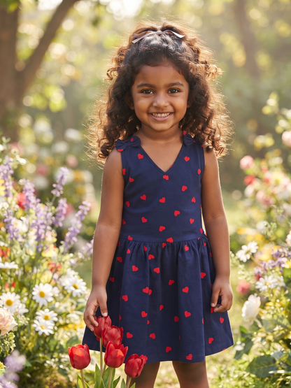 Red Heart Print Sleeve less Frock with Bow