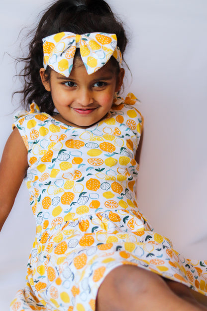 Lemon Print Pure Cotton Girls Sleeve Less Frock