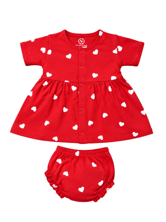 Half Sleeve Frock & Panty Set - Red White Heart Print