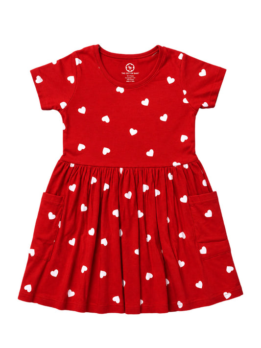 Half Sleeve Frock - Red White Heart Print