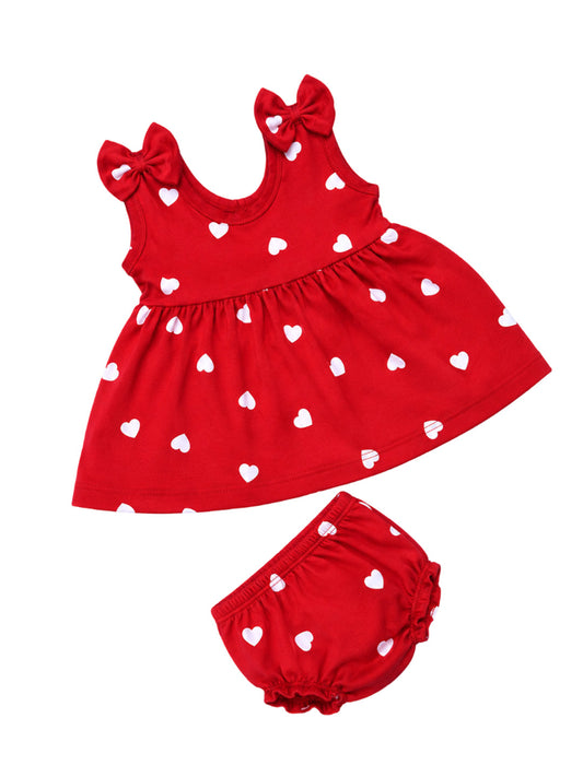 Sleeve Less Frock & Panty Set - Red White Heart Print